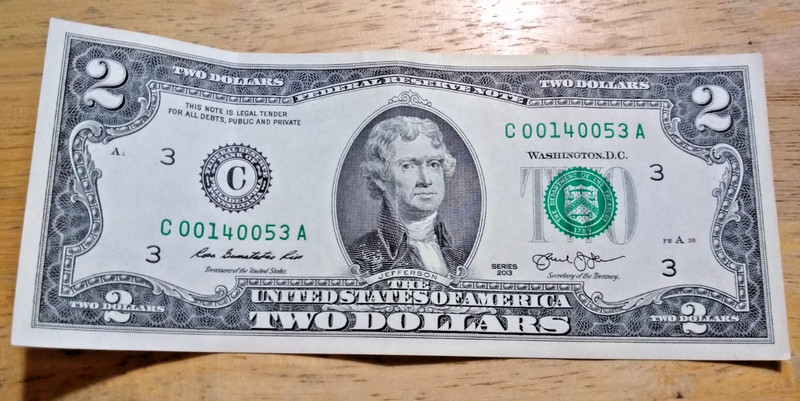 2 Dollar Bill 2013 Series 3 C Low Serial Number C00140053A 4 Zeroes Circulated