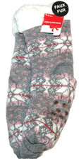 Ladies Christmas Stocking Stuffer Gray/Pink Snowflake Pattern Knit Slipper Socks