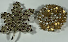 3 Gold Tone Pins Brooches Floral Leaf Swirl Red Rhinestone Faux Pearls Vintage