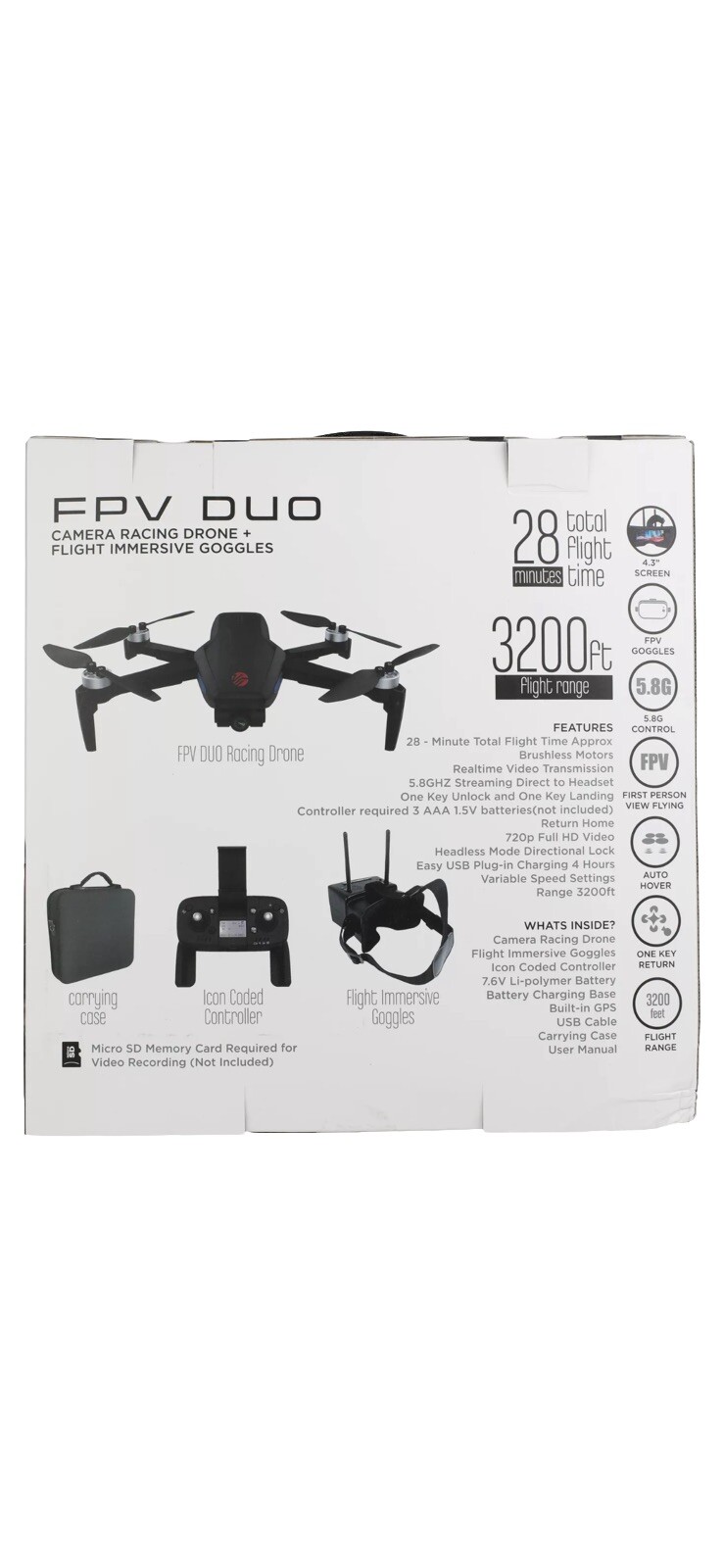Vivitar FPV Duo Racing Drone with Goggles and GPS, Black