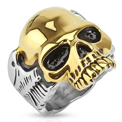 Gruesa Anillo Hombre Acero Macizo Calavera Placa Oro Biker Rock