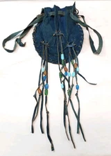 Antique Blue Leather Possibles Bag Beaded Pouch Handmade Medicine Bag Bohemian 