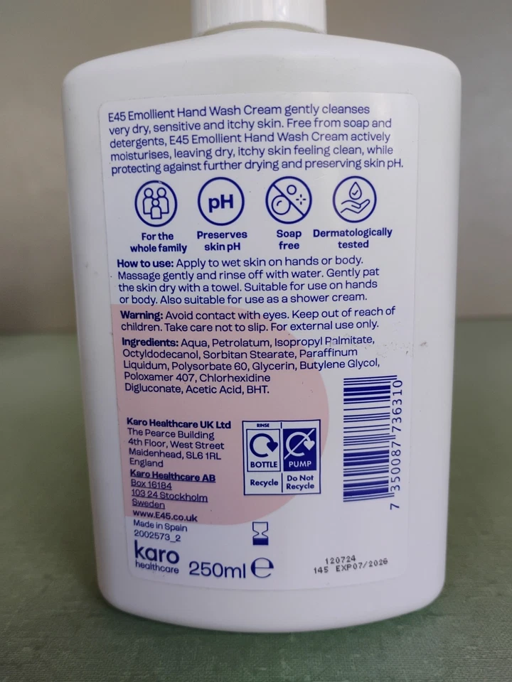 Crema de lavado de manos emoliente E45 250 ml 8,5 oz paquete de 2 caducidad 07/2026 Foto 2 de 2
