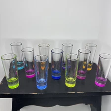 11 Crisa Linnet 4” Tall 2 Double Shot Glasses Signed Neon Rainbow Color Bottoms