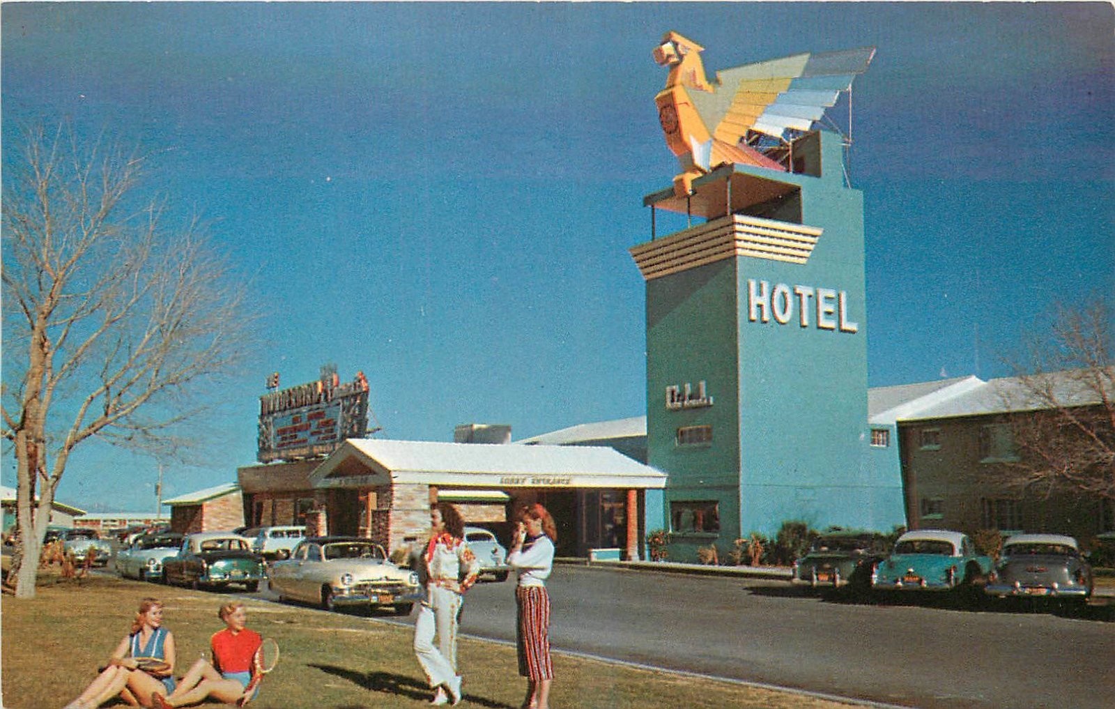 1950s Las Vegas Nevada  New Thunderbird Hotel people autos Postcard 25-7782