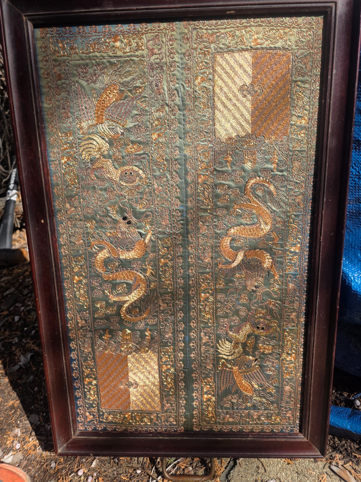 Antique Dragon Chinese Qing  Embroidery Silk Sleeve Bands Embroidered Panel