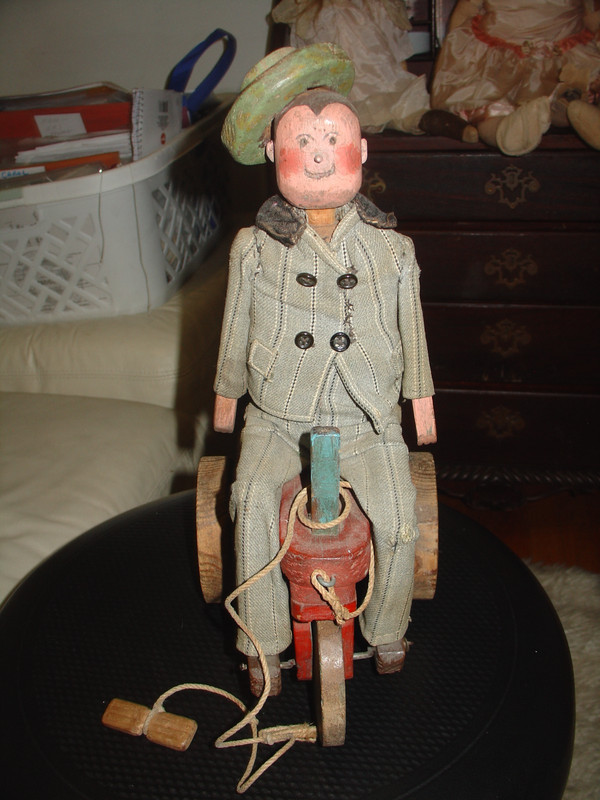 Antique Mechanical Wooden Pull Toy Boy Riding Tractor with Brimmed Hat Primitive