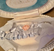 Vintage 1950s Bridal Garter w Case Something New Blue Pearl Tulle