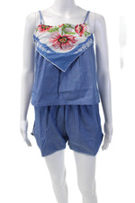 Upcycled by Reissued Womens Floral Accented Top and Shorts Set Blue Size XS/S