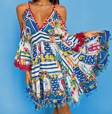 ANTICA SARTORIA Blue & WHITE DRESS COLD SHOULDER V NECK DRESS NWT O/S