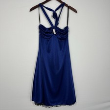 blue halter cocktail Satin dress medium bodice embellishment Mini lace hem Sexy