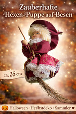 Zauberhafte Hexen-Puppe auf Besen – ca. 35 cm –liebevolle Deko mit Märchencharme