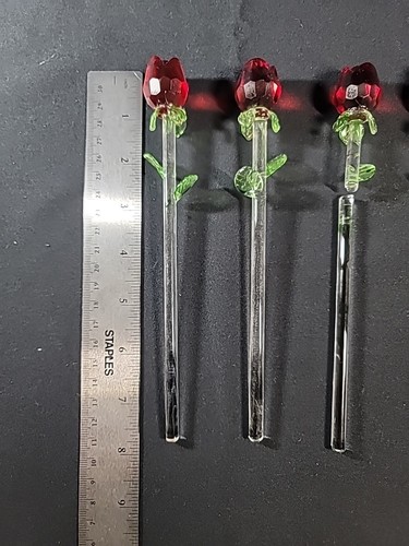 Lot of 6 Crystal Glass Red Rose Clear Green Stem 8” One Broken Piece 4 Repair - Picture 7 of 11