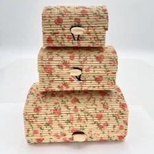 Floral Bamboo Trinket Boxes Set of 3 Decorative Storage Bins Vintage Organizer
