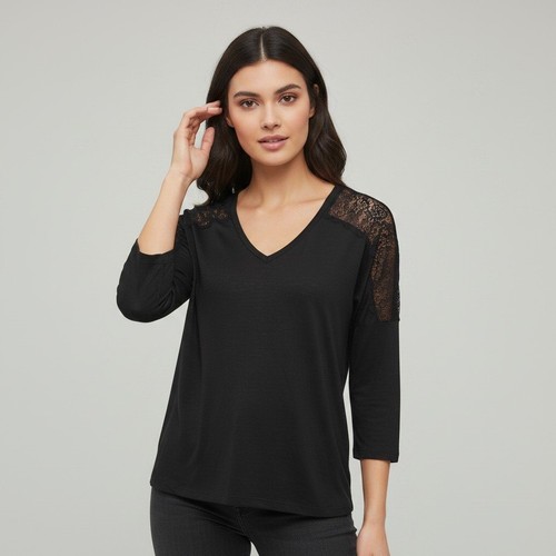 Sandro Paris Black Linen V-Neck Lace Shoulder Long Sleeve Top T9404H Size 3