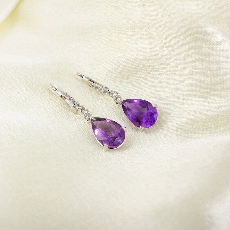 14K Solid White Gold Natural Amethyst and Diamonds Huggie Drop Earrings a895 - Image 3 of 4