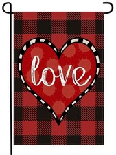 Valentine's Day Love Heart Buffalo Plaid 12x18 Double Sided Burlap Garden Flag