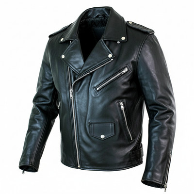Men's Black Leather Motorcycle Jacket Classic Biker Jacket Belted Cowhide Coat