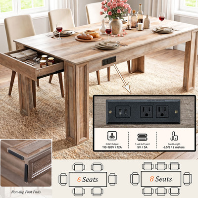 70'' Rectangular Dining Table 6.5 ft w/ Charging Station & Drawer for 6-8 People