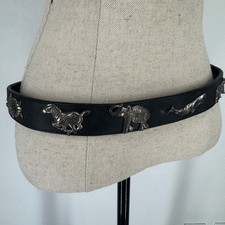 Vintage 90s Animal Concho Black Leather Belt Solid Brass Western Buckle Size 30
