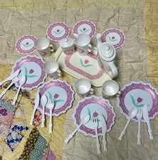 30 PC Vintage Play Dishes Tea Set Cups, Plates, Saucers, Cutlery Chilton Flowers