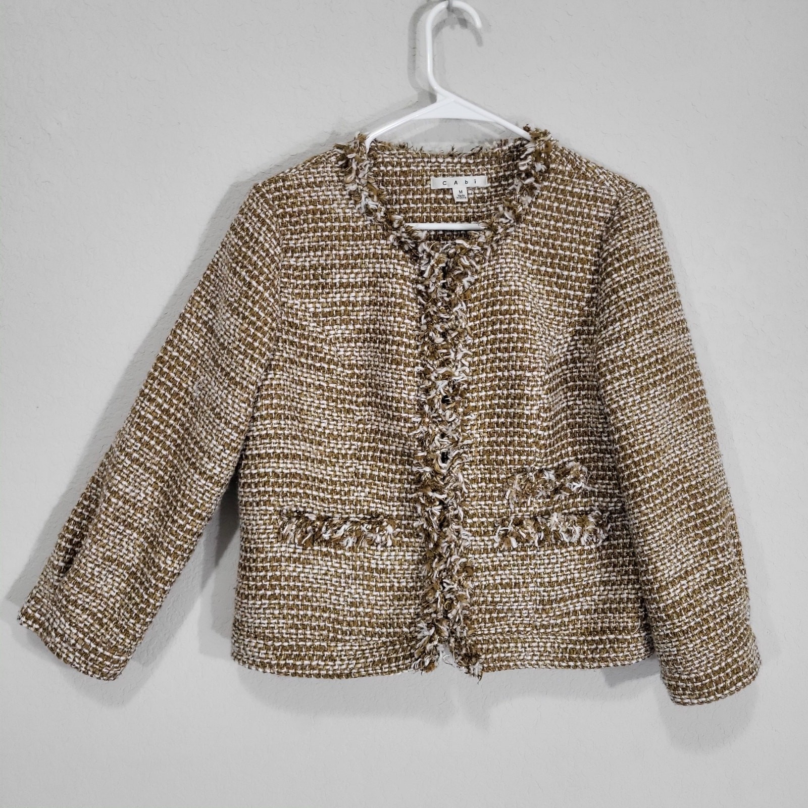 Cabi Tweed Blazer Jacket Womens 6 Tan White Fringe Metallic Office Professional
