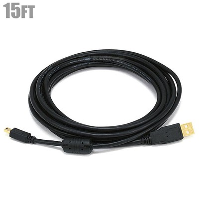 15FT USB 2.0 Type A Male to Mini B 5-Pin Male Cable Cord Gold 24/28AWG Black