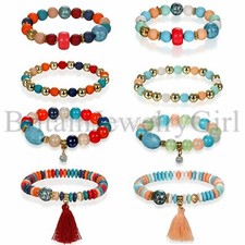 4-8pcs Handmade Bohemian Mixed Beads Chic Tassel Elastic Bracelet for Women Girl