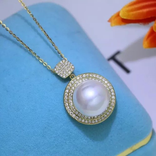 4Ct Round Cut Natural Pearl Halo Pendant in 14K Yellow Gold Plated Free Chain - Picture 5 of 6