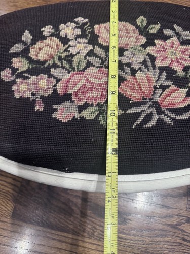 Antique Large Ornate Hand Carved Painted Needlepoint Oval Foot Stool 24x14 - Picture 4 of 12