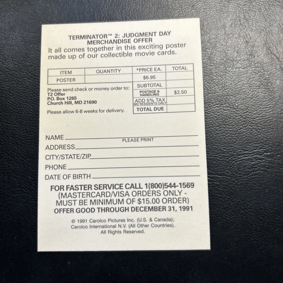 11d T2 Terminator 2  Sticker 1991 Topps judgment day merchandise offer cards 142 - Image 2 of 2