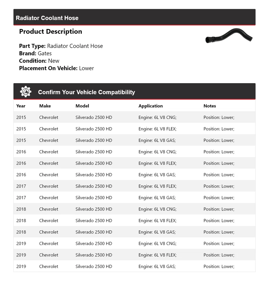 Para 2015-2019 Chevrolet Silverado 2500 HD radiador líquido de arrefecimento mangueira portões inferiores 2016 - Imagem 2 de 3