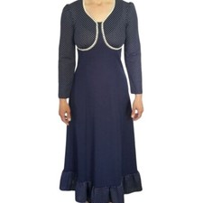 Vintage Maxi Dress Bodice Cottage Core Navy Blue Polka Dot Ruffled Trim