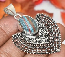 Rainbow Calsilica Gemstone Pendant 925 Silver Plated U311-C192