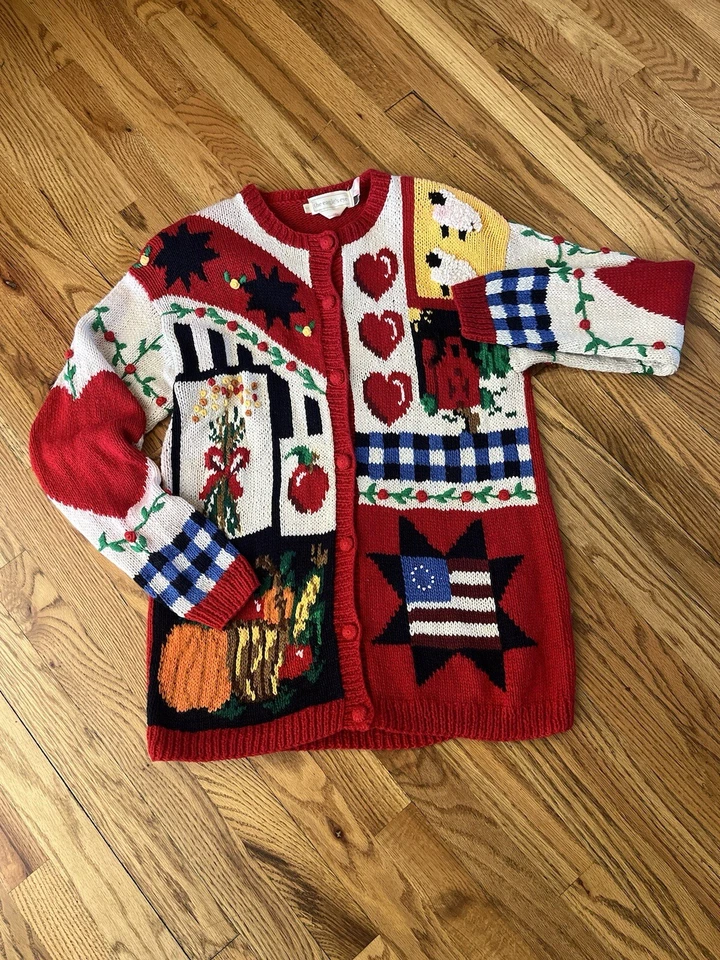 Rare 90’s Vintage The Eagles Eye patriotic homestead intarsia Cardigan M - Image 2 of 4
