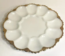 Anchor Hocking Deviled Egg Plate 10" White Milk Glass Gold Trim Fire King Dish
