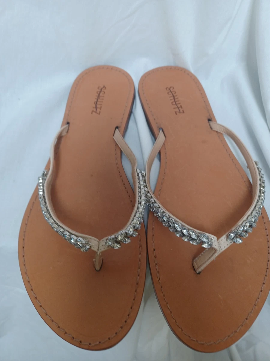 New SCHUTZ Belle Crystal Embellished Thong Sandals Flats Brazil 10