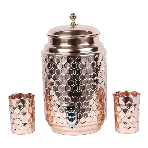 5 Litre Hammered Copper Water Dispenser (Matka/Pot) Container Pot with 2 Glass - Bild 3 von 5