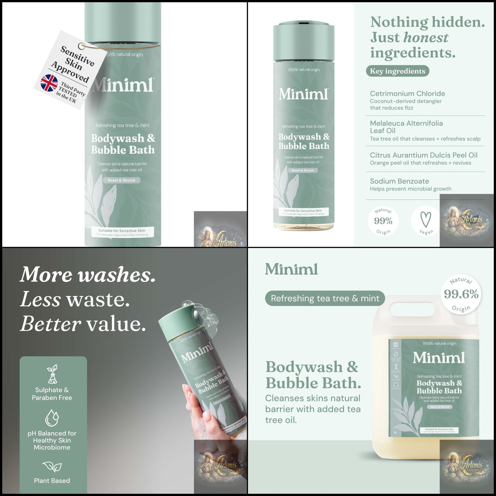 Miniml Tea Tree & Mint Bodywash & Bubble Bath 400ml bottle - Image 2