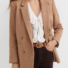 Herringbone Relaxed Blazer Wool Blend Double Breasted Neutral Beige Brown S NWT