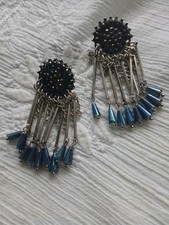 Unusual Silver-tone Dangly Earrings, Blue Beads, Post Back