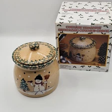 Country Snowman Stoneware Covered Crock With Lid– Holiday Snowman Design – 