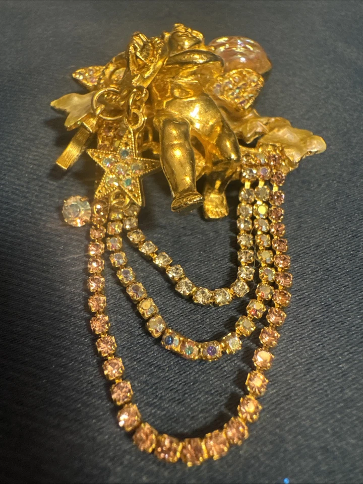 KIRKS FOLLY Raro De Colección Años 80 Cristal Esmalte Luna Chapado en Oro Cupido Foto 3 de 4