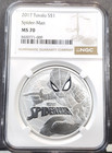 2017 TUVALU SILVER 1 DOLLAR MARVEL SPIDERMAN NGC MS 70 RARE GEM PERFECTION