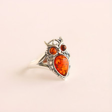 Baltic Amber Owl Ring in Sterling Silver -Adjustable Size
