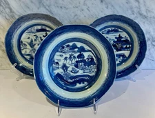 Canton Set 3 Antique Chinese Export Blue White Soup Plate 9" c. 1800-20