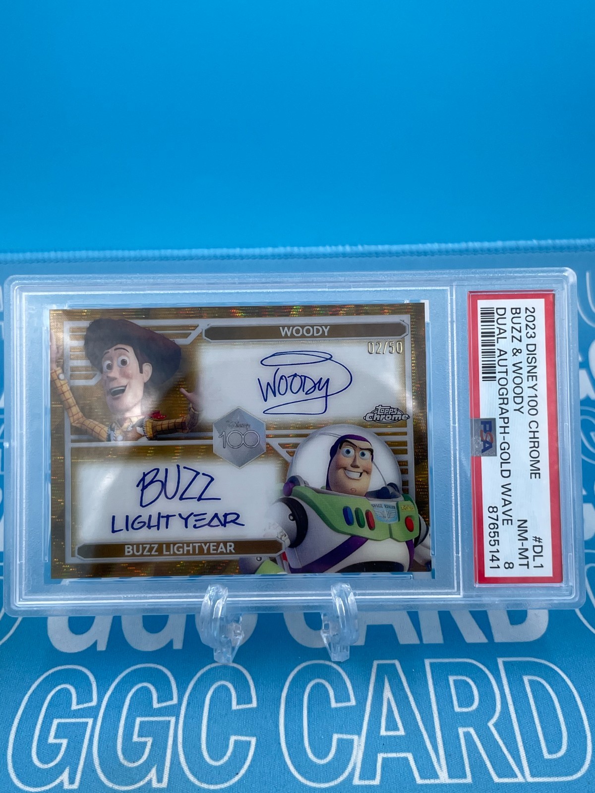 2023 Topps Disney Chrome 100 Buzz & Woody Dl1 Blue Autograph 02/50 Psa 8