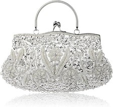 EROUGE Beaded Sequin Design Flower Evening Purse Large Clutch Bag Silver