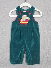 Vintage Baby Boy Green Velvet Overalls Embroidered Santa Bear Sz 3/6M Christmas