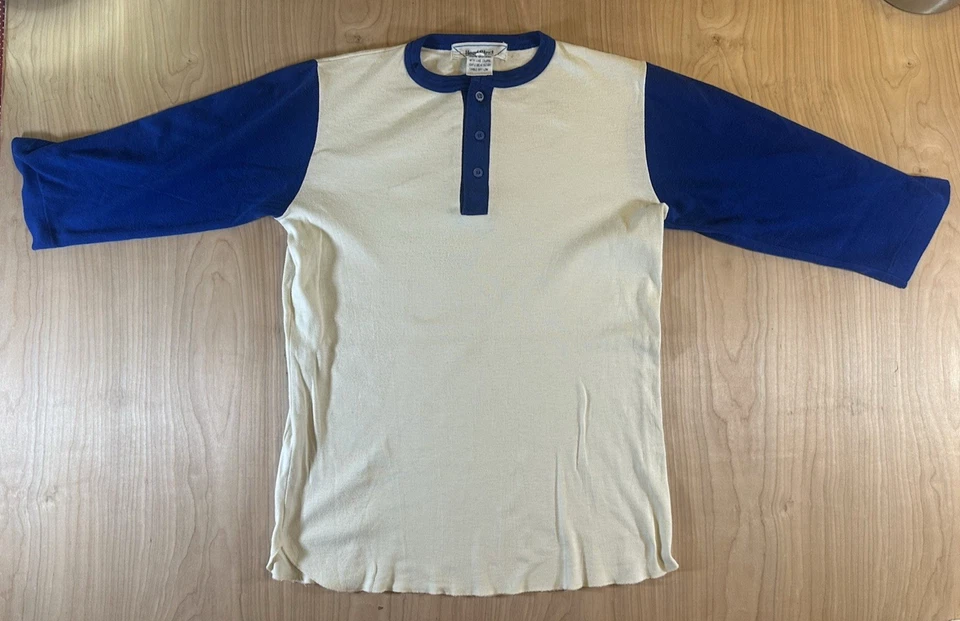 vintage 70's 3/4 SLEEVE baseball SHIRT henly collar BLUE and WHITE heavy cotton - Image 2 of 4